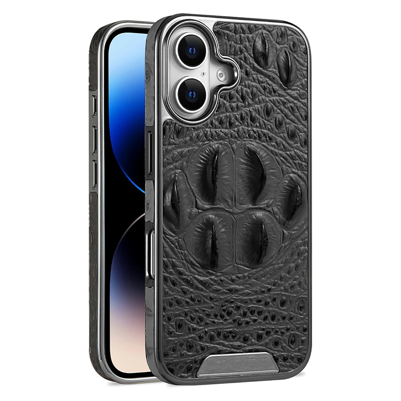 

Genuine Leather Case for iPhone 16/16 Plus/16 Pro/16 Pro Max - Slim Luxury Business 3D Crocodile Claw Pattern, Plating Frame Cov