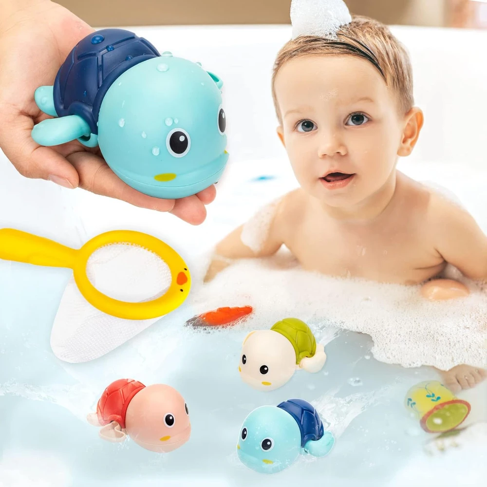 Juguetes de baño para bebés recién nacidos, tortuga con mecanismo de relojería, bañera infantil, juguetes de agua, juguetes de piscina para niños pequeños en edad preescolar, paquete de 4