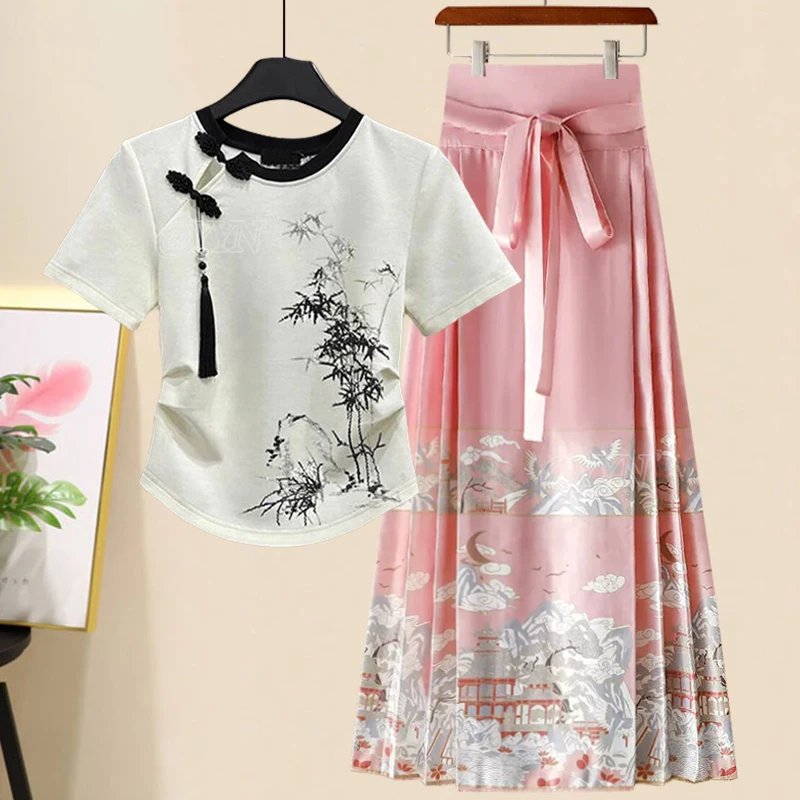 

Новая женская футболка в китайском стиле Sle Hanfu, летняя пригородная футболка длиной до плеча, юбка из полиэфирного волокна