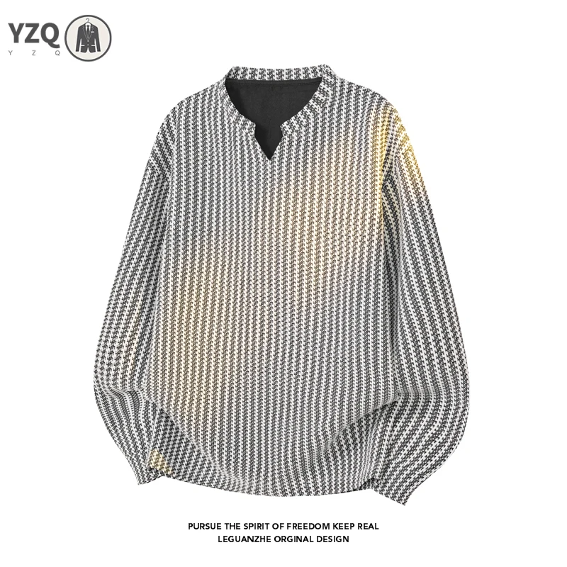 Mens Casual Notched V Neck Long Sleeve Tee Retro Houndstooth Weave Loose Cut For Weekend Gathering Outing Scenes