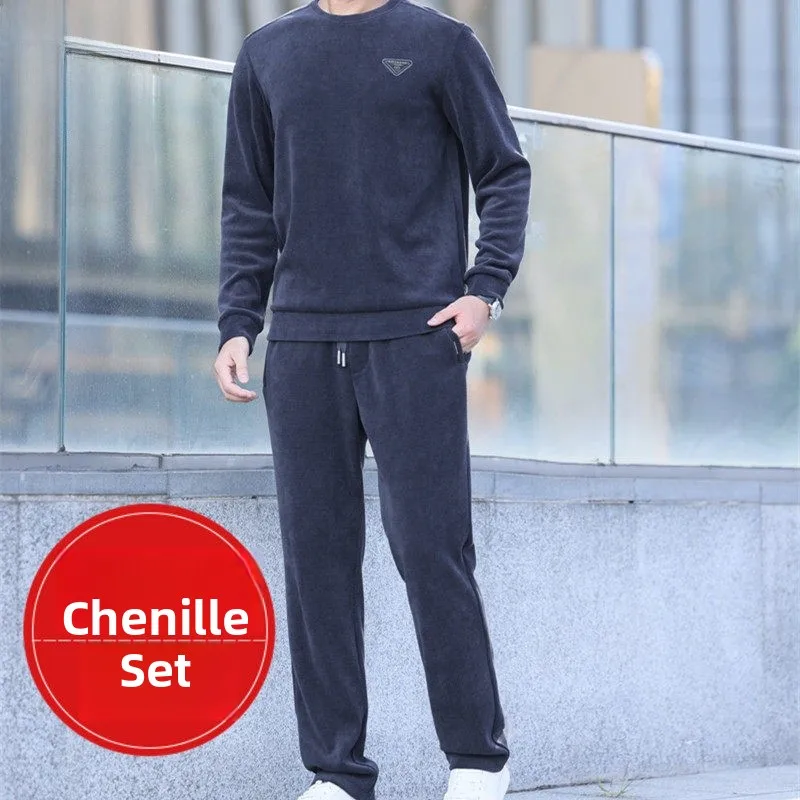 

High-End Men's Striped Set round Ne Loose Fitn Travel Casual Sport Suit Autumn Winter Polyester Spandex Cosite Fabric