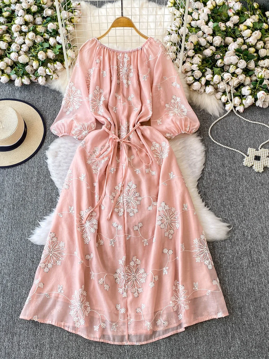 Ele Roze Geborduurde V-Ne Dr Dames Herfst Afslanken A-lijn Lange Rok Woon-werkverkeer Sle Hoge Taille ort Sve Dr