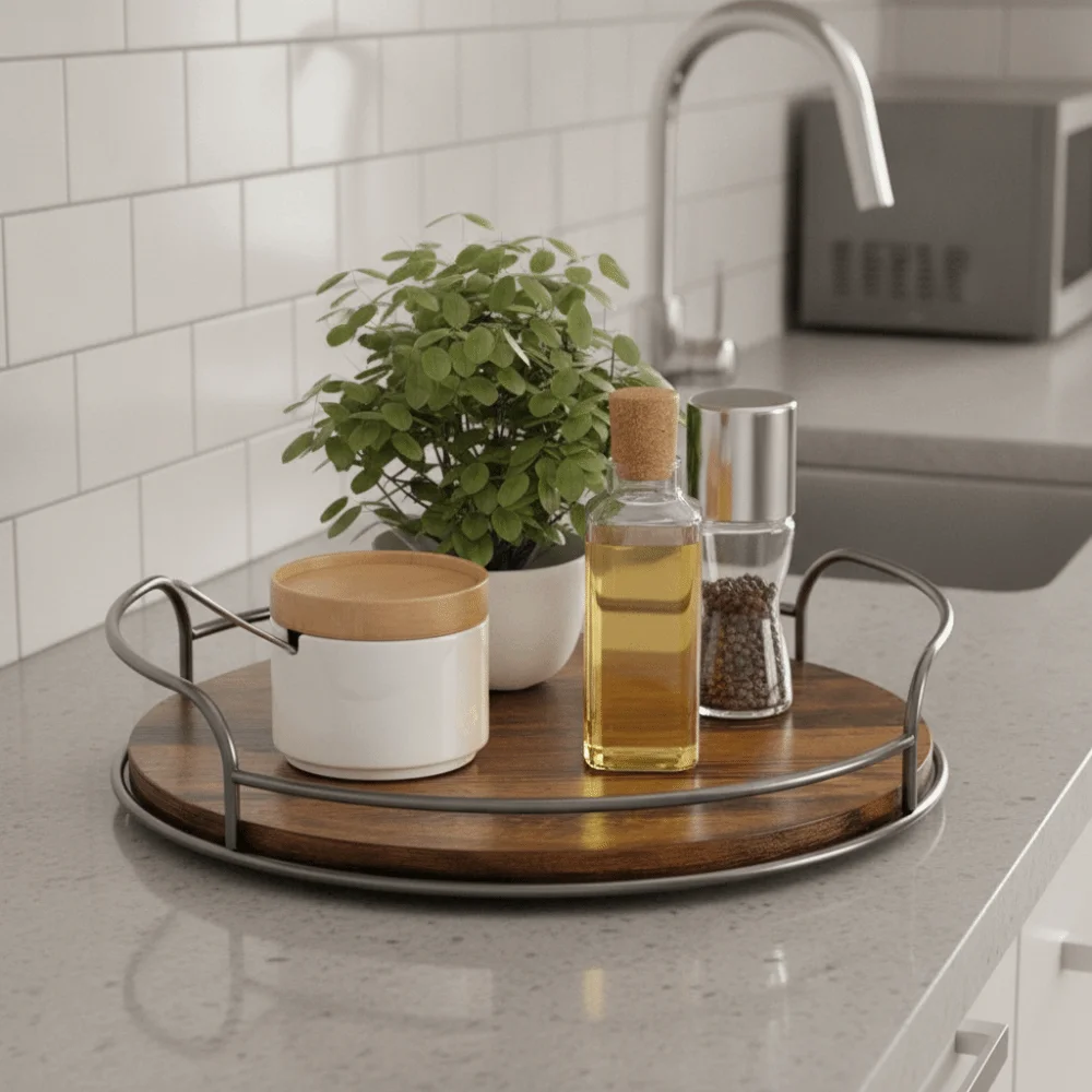 2 Piece Round Wooden Rotating Tray Turntable Metal Guard Rail Seasoning Bottle Organizer Strong Load-bearing Capacity
