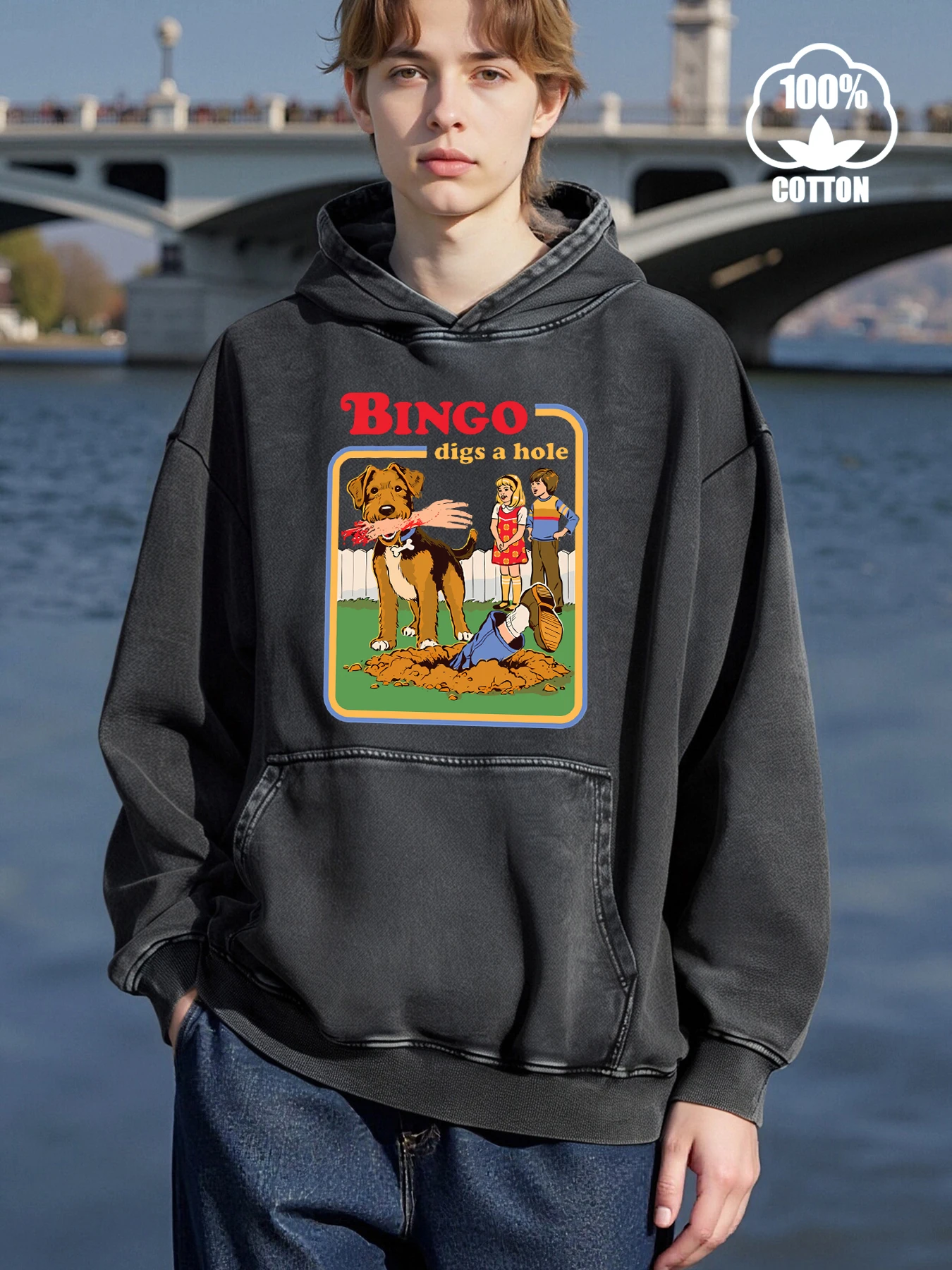 البنغو حفر حفرة مطبوعة الرجال هوديس موضة هودي البلوفرات غير رسمية الخريف فضفاض الشارع القطن Pollover كل مباراة الملابس