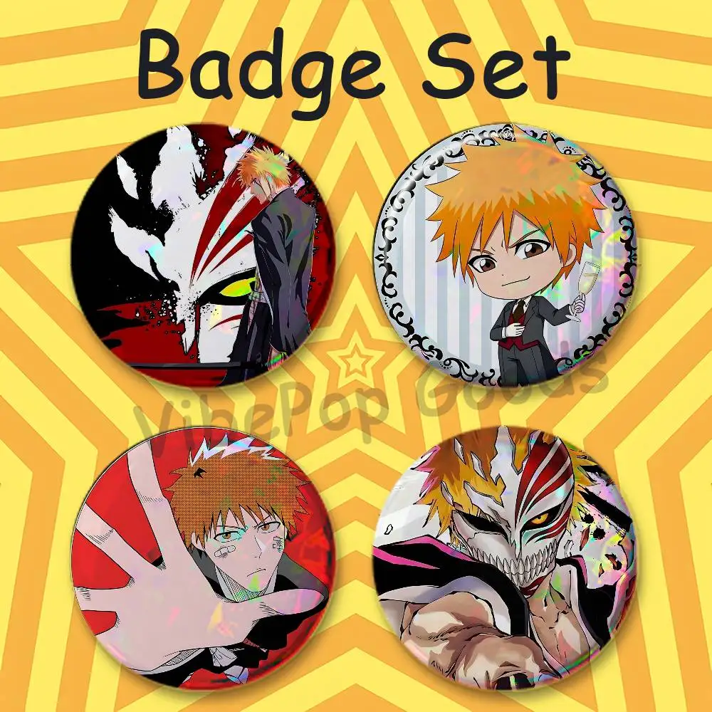I-IchigoS K-KurosakiS 75mm Large Tin Badge 3 Inch Holographic Baji for Ita-Bag Centerpiece 4-Piece Set