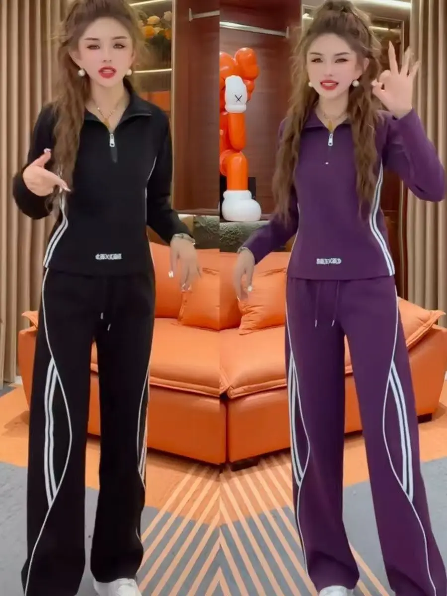 

Модный повседневный комплект больших размеров: брюки с высокой талией и широкими штанинами, стройнящий свитшот, костюм-двойка. Новинка весна-осень в корейском стиле.