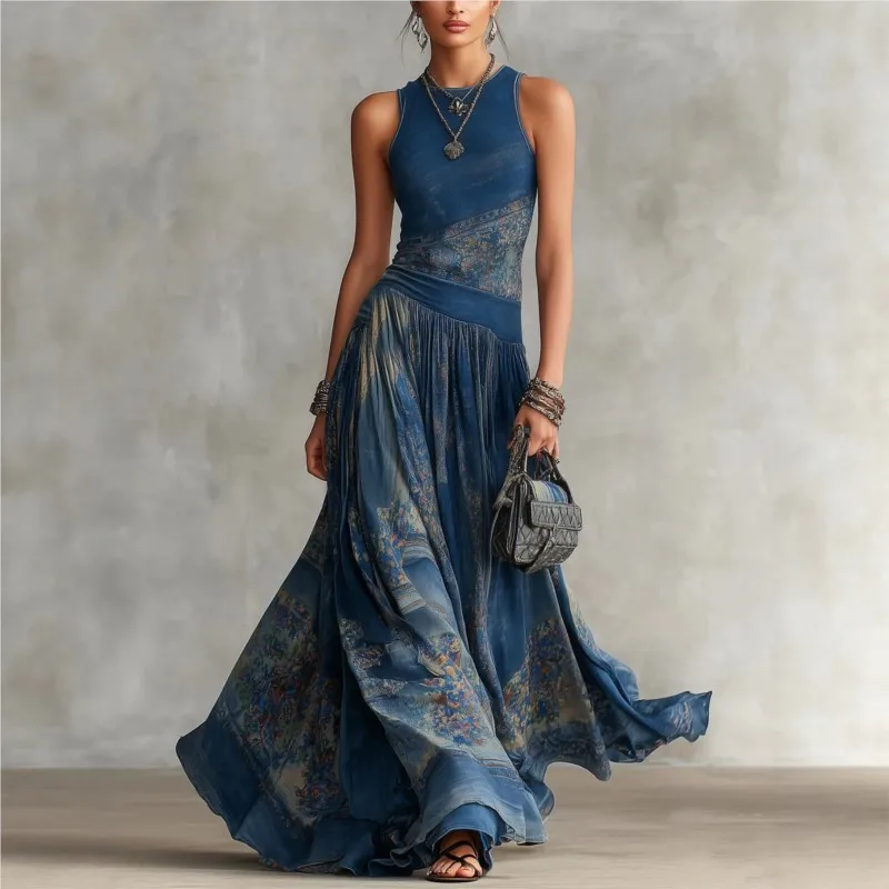 Boho Women's Dress 2026 Summer New Casual Beach Vacation Fashion Print O-neck Slim Shoulder Strap Maxi Party Dresses For Women