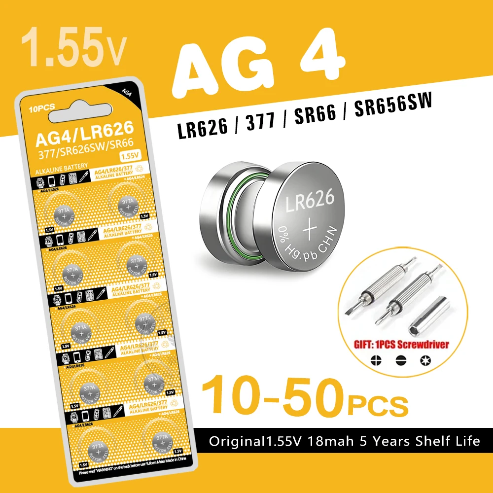 10-50PCS AG4 LR626 1.55V Alkaline Watch Battery 377 SR626 177 626A 377A CX66W For Toy Calculator Car Key Clock Button Cell