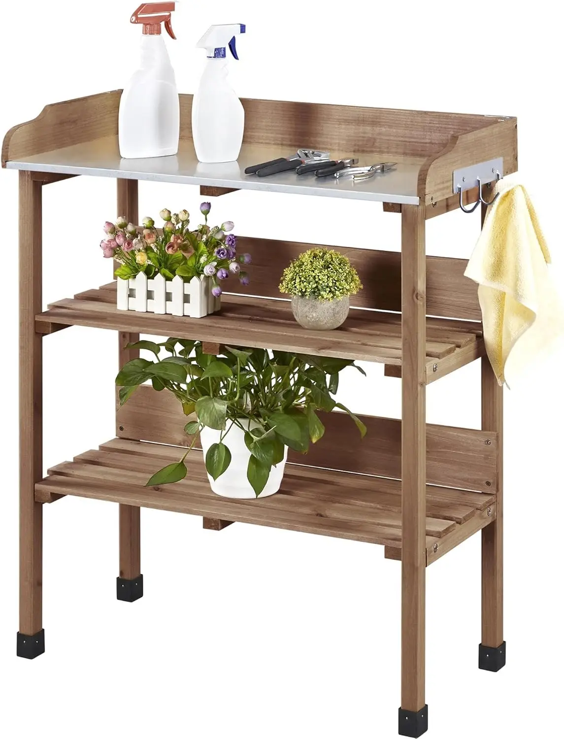 

Outdoor Garden Potting Bench Table, Wooden Horticulture Planting Worstation w/Metal Tabletop/Storage Shelf/3 Hooks, Brown