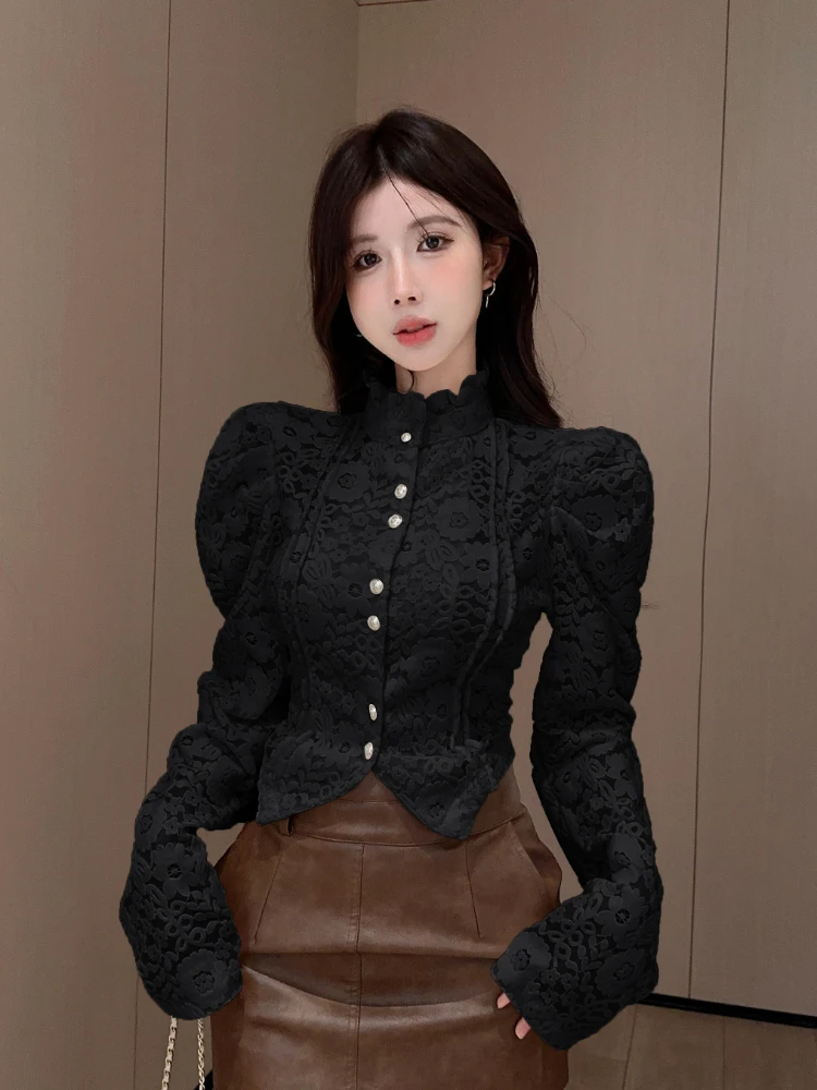 2024 Blusas Mujer De Moda Blouses for Women Puff Sleeve Single Breasted Lace Shirts Sweet Slim Blouse Vintage Crop Tops Female