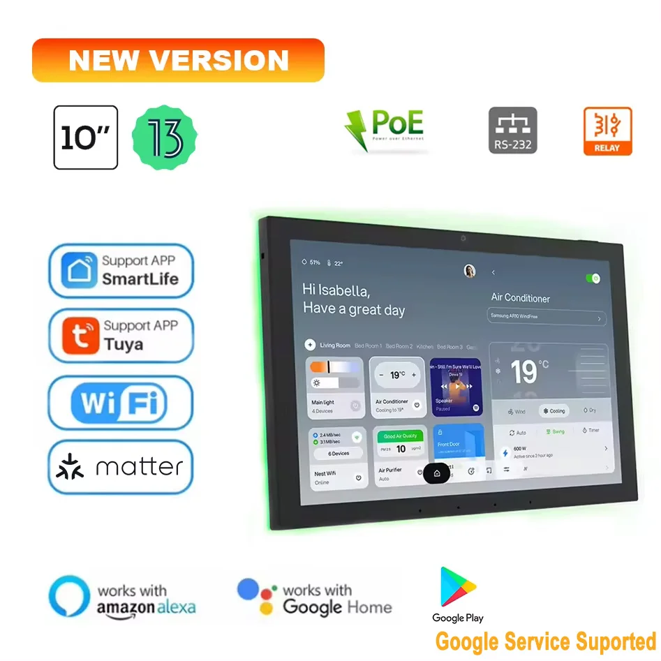 Inwall 10.1 Inch Android 13 Smart Control Panel Zigebee Matter Home Controller Tuya 4-Mic Alex Google Home Assistance Supported