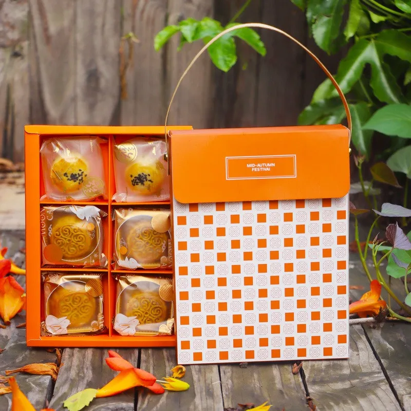 5Pcs/set Orange Grid Paper Party Gift Box With Hand Bags Mooncake Mid Autumn Festival Egg Crispy Packaging Portable Empty Boxes