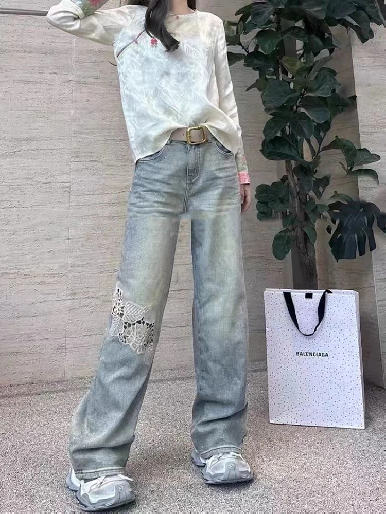 

Straight tube loose jeans new Chinese style autumn high waisted embroidered slimming hollow out design wide leg pants
