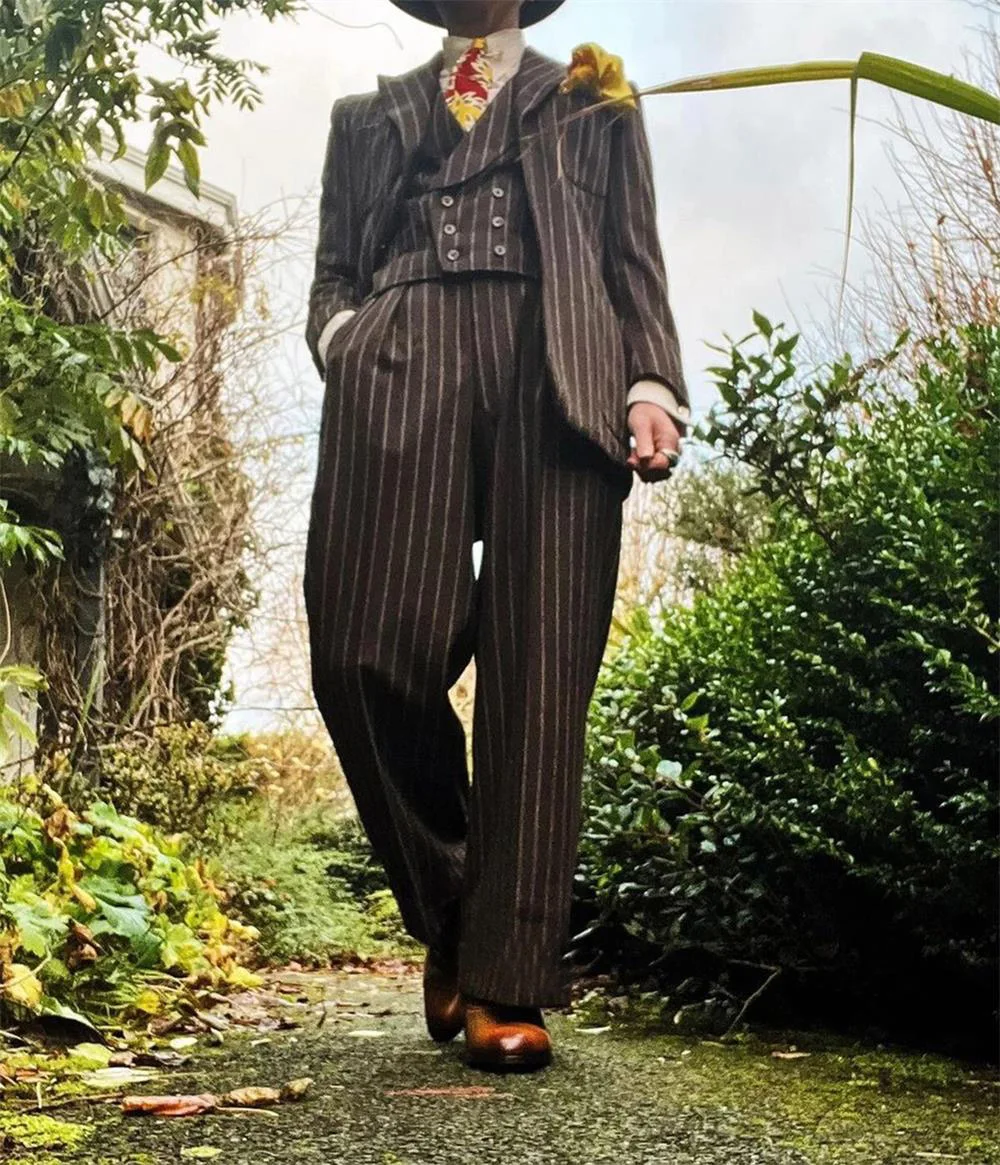 Thick striped suit 3pc set (Suit Jacket+Suit Pants+Vest) Wool Blend men's striped suit set Groom's wedding striped suit Set