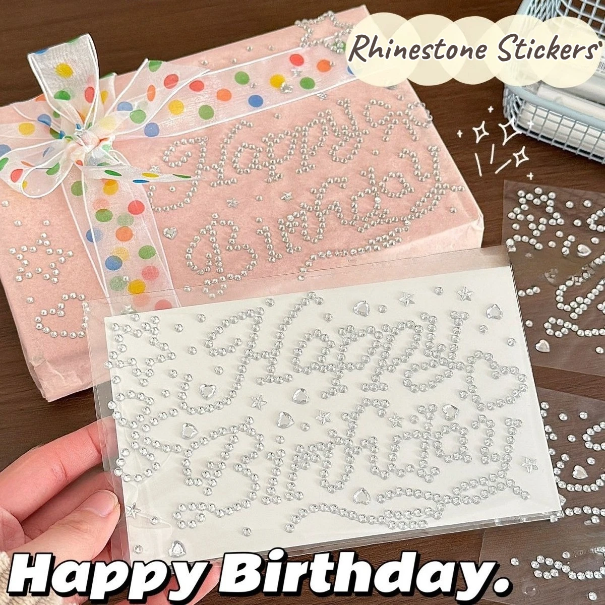 Silver Happy Birthday Rhinestone Stickers 3D Heart Star Diamond Sticker Birthday Card Gift Box Decorative Sticker