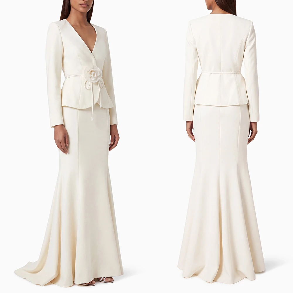 Customized V-neck Floor Length White Long Dresses Full Sleeves Vestidos Elegantes Para Mujer Para Una Boda Abiti Da Sera Платье