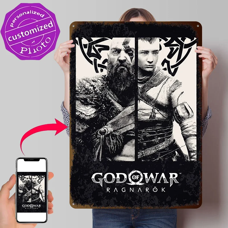 Kratos and Atreus: Call 3D Printed Texture Poster Personalized Wall Art Retro Metal Tin Signs for Gamer Decoration Room Man Cave