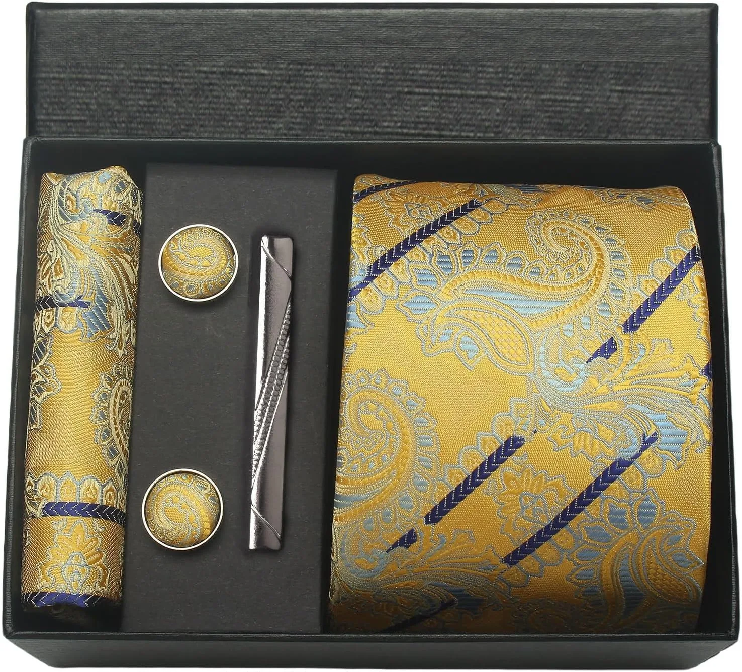 100 % Seidenkrawatte, Paisley-Blumenmuster, Herrenkrawatte, hochwertige Business-Krawatte, Einstecktuch, Krawattenklammer, Manschettenknöpfe-Set, klassisch, für Männer, Geschenkbox