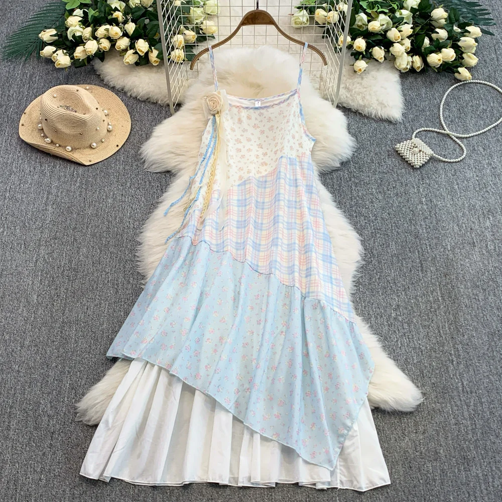 Color Blocking Plaid patchwork Floral Dress Women Summer 2026 New Chic irregularity Vacation Style Spaghetti Strap Dresses