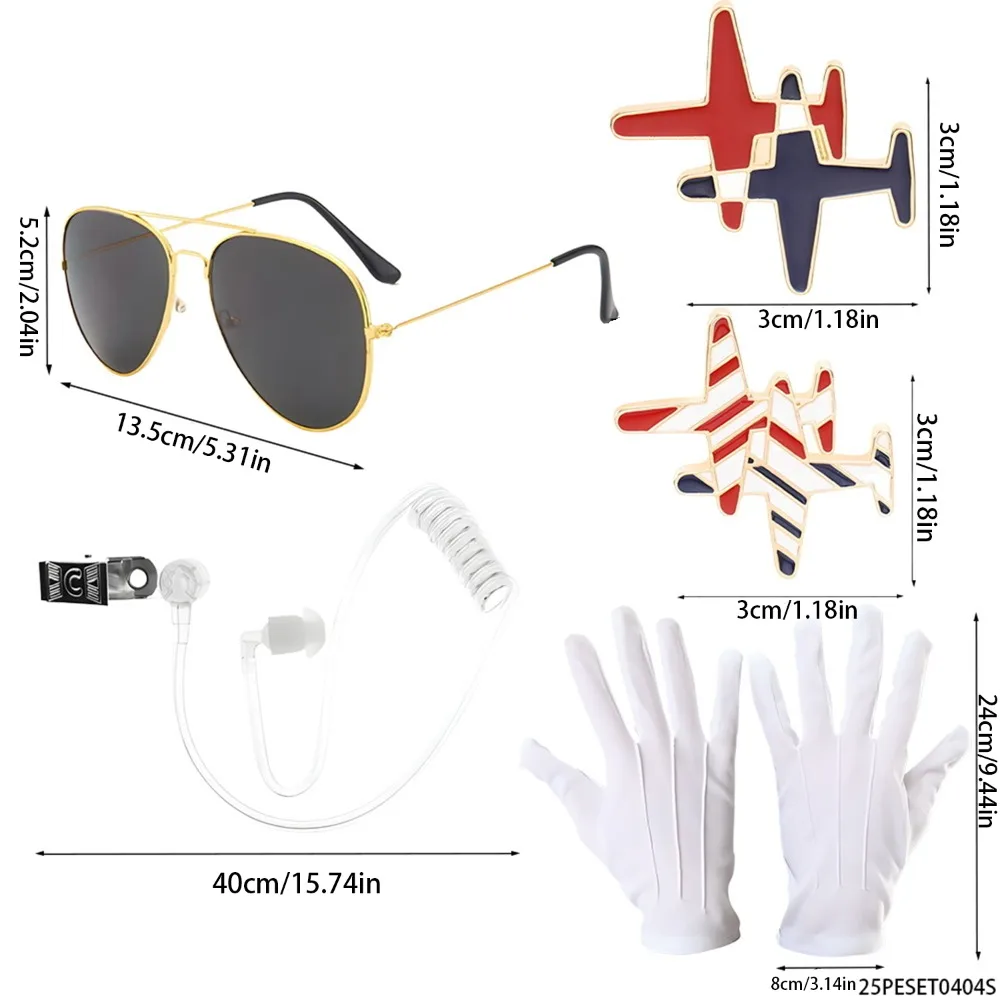 PESENAR Pilot Themed Decoration Set (including Sunglasses, Airplane Brooch, Communication Headset, White Gloves)