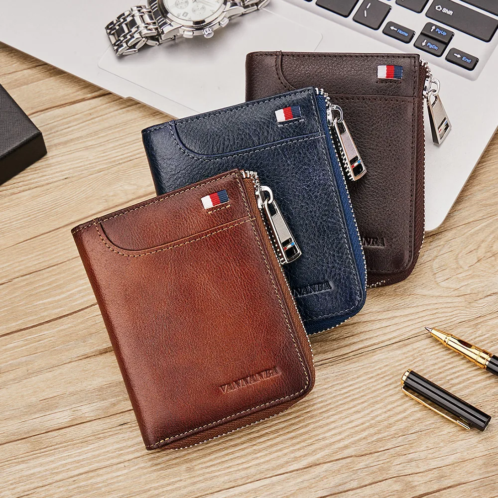 

VANNANBA Zipper Wallets Men Leather 100% Brand Classic RFID Card Holder Male Purse with Coin Pocket