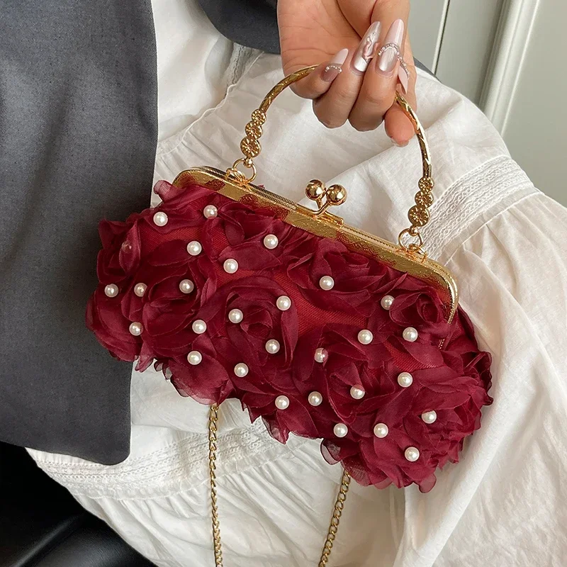 

High End Lace Pearl Handbag Women Summer New Korean Fashion Versatile Rectangle Red One Shoulder Bags Beautiful Crossbody Bag