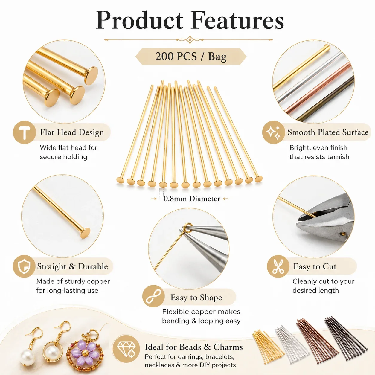 200pcs T Pins Head Pins Beading Pins, Flat Head and Ball Head Jewelry Making Supplies for Necklace Bracelet DIY