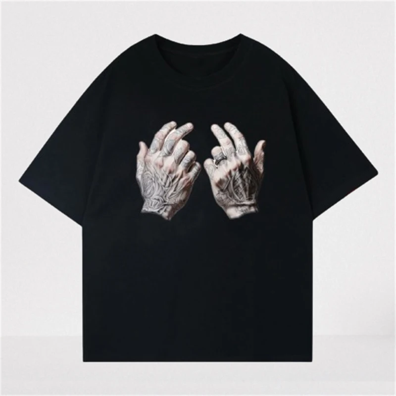 2024 Summer Men Trendy Tattood Hands Print Tees Harajuku Gothic Short Sleeve Loose T-shirt Y2K Man Casual Streetwear Cotton Tops