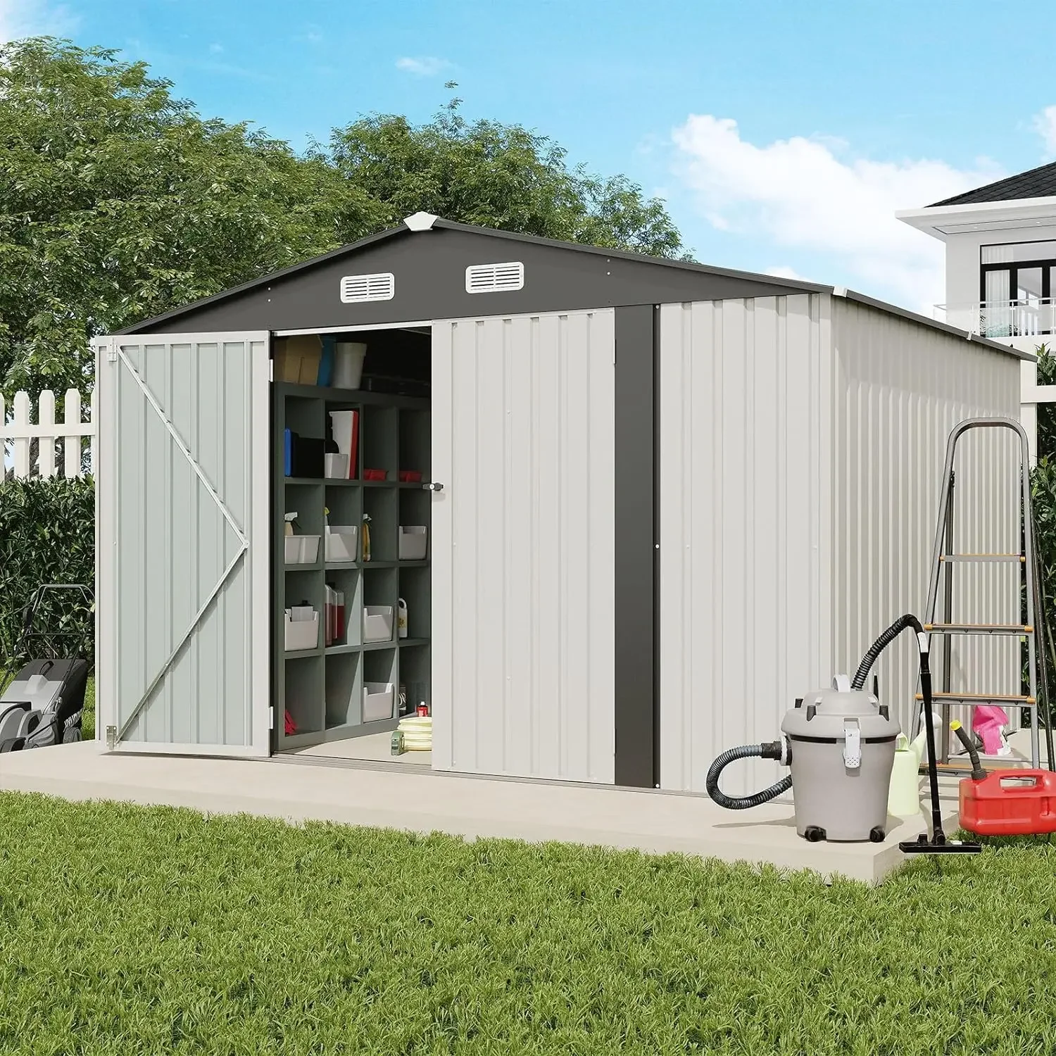 

10x8 FT Outdoor Storage Shed, Galvanized Steel Metal Garden Shed, Double Door W/Lock, Outdoor Storage Tool House for Patio, Lawn