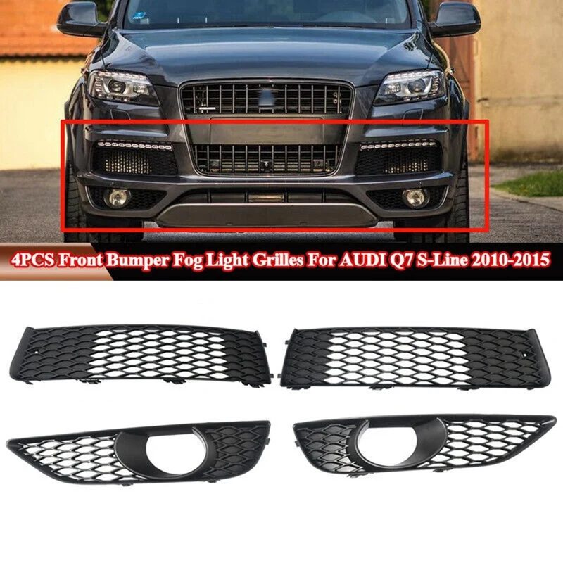 4X Front Bumper Lower+Upper Mesh Grille Fog Light Bezel For- Q7 S-Line 2010-2015 4L0807697B 4L0807698B