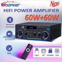 WOOPKER 60W*2 Sound Amplifier AK50 HiFi Digital Bluetooth Power Amplifier Channel 2.0 FM USB AUX Audio Amp for Home Car Karaoke