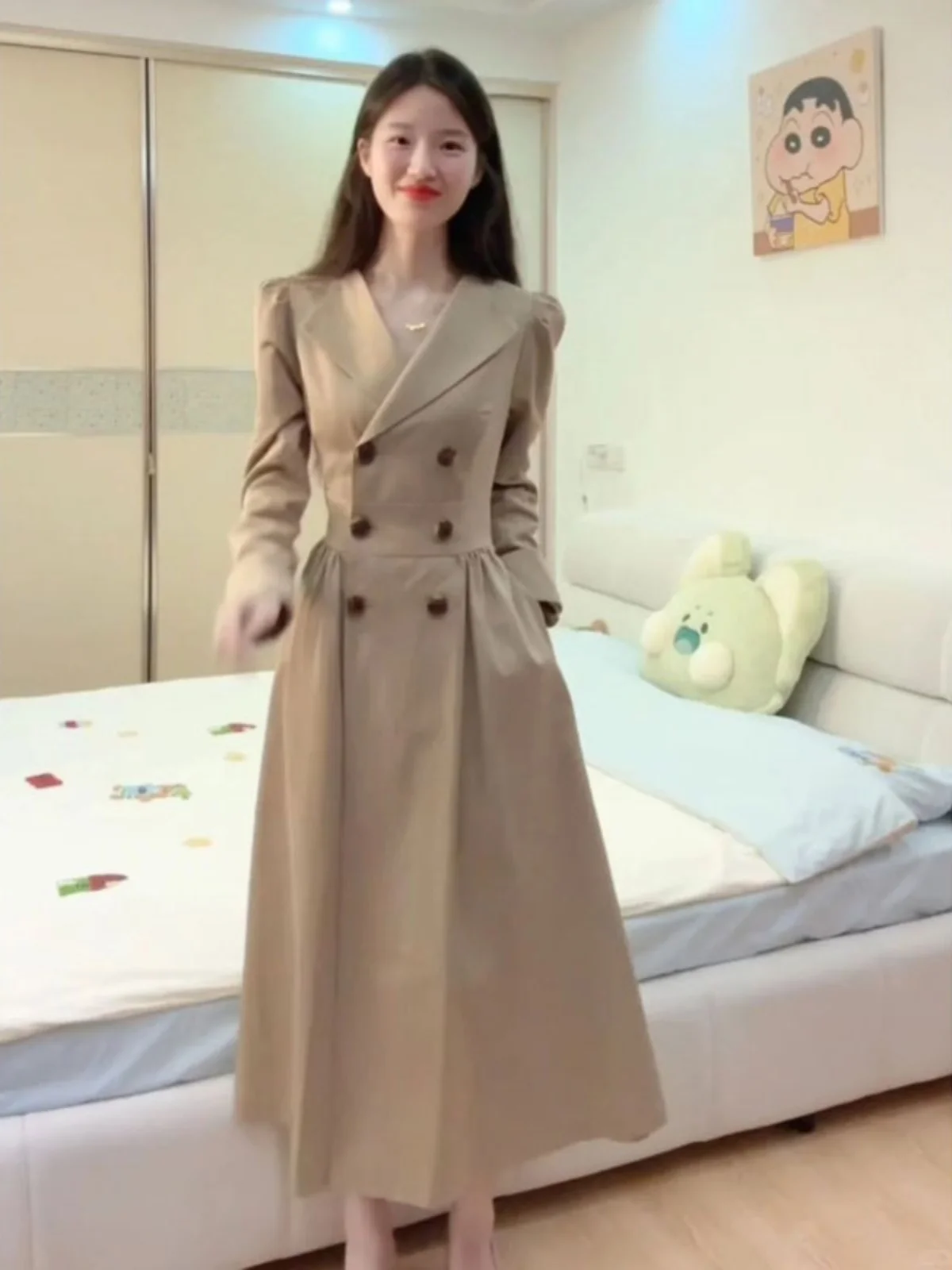 

Elegant Slimming Long Waist-Cinched Suit Style Windbreaker Dress Coat Spring Autumn Korean Casual Fit Women's Long Coat