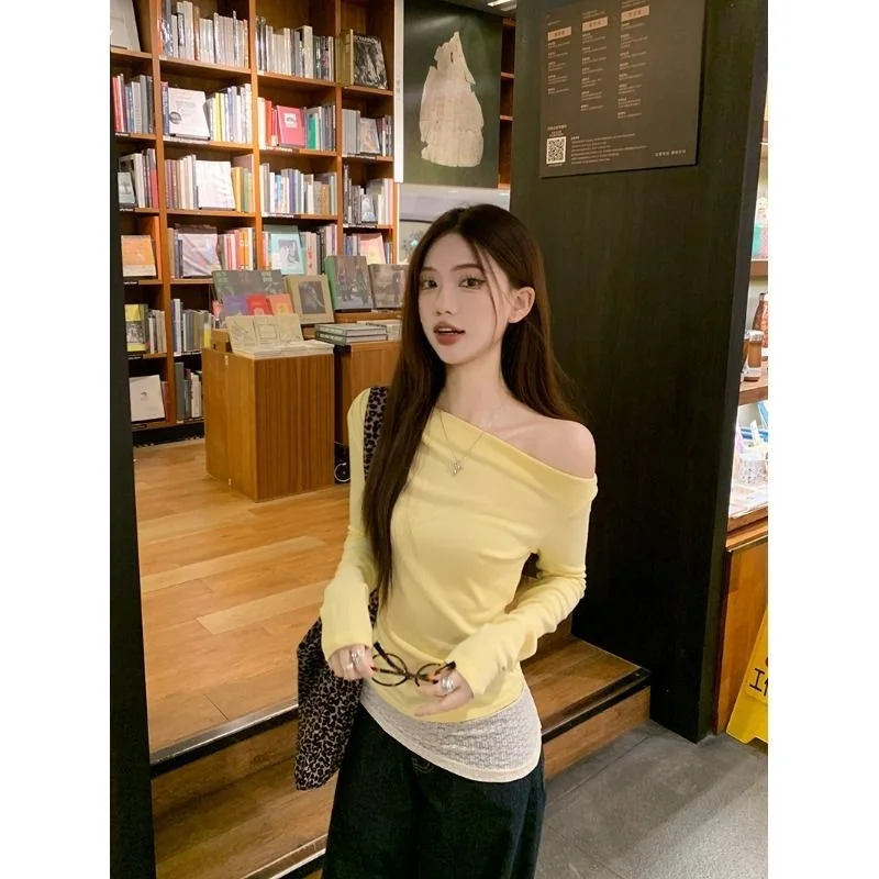 Yellow Sexy Lace Splice Long Sleeve T-Shirt Women's Shoulder Bared Patchwork Casual Style Slim Fit Daily Wear Chinese Made