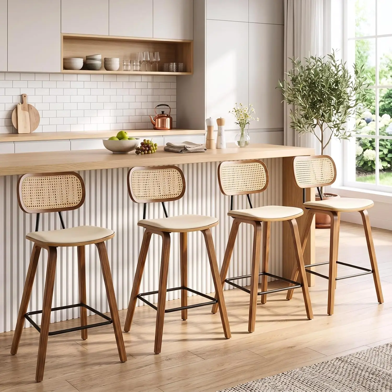 Mid-Century Bar Stools 4pc, 26in PU Leather Barstools Rattan Backrest Wooden Legs Armless Kitchen Island Dining Room, Customized