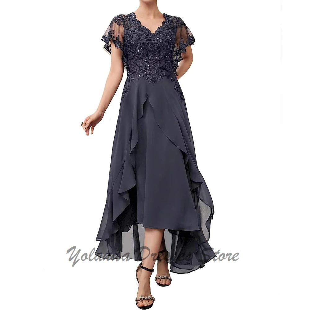 Modern V Neck Mother of The Bride Dresses Short Sleeves A Line Applique Lace Up Chiffon Mother Groom Dress Ruffles Tea Length