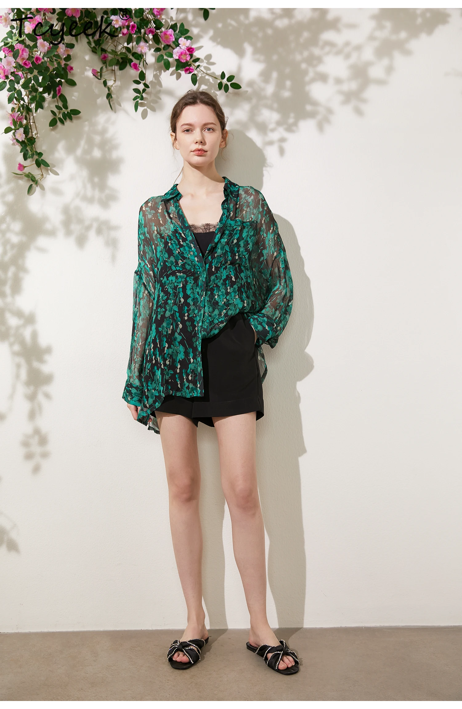 

Tcyeek 100%Real Silk Thin Shirt For Women, Long Sleeve Flower Printed, Fashion Elegant Loose Blouses, 2024 Spring Top T43705QM