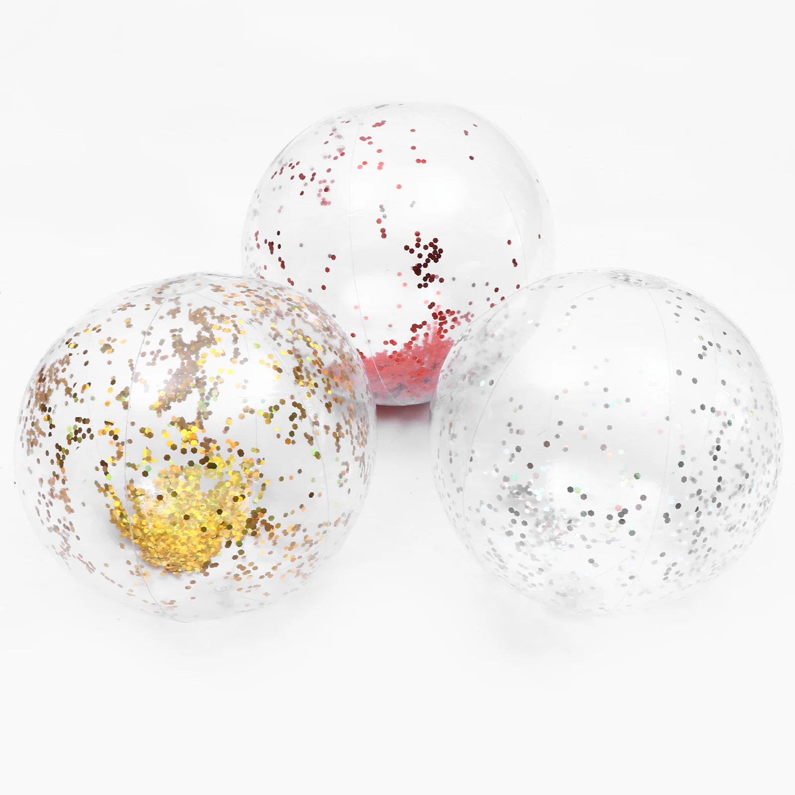 Pelota de playa de 3 uds., juguete inflable de agua con lentejuelas de PVC, fácil de llevar, ahorro de espacio, pelota de juguete de Color brillante para fiesta en la playa