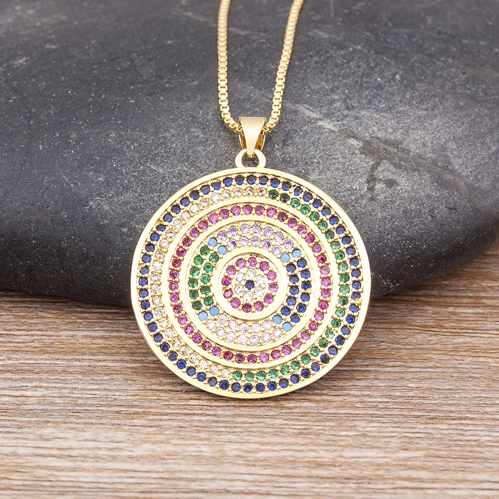 Nidin Vintage Multi Layered Round Coin Colorful Zircon Pendants Necklaces For Women Bohemia Gold Plated Long Chain Jewelry Gift