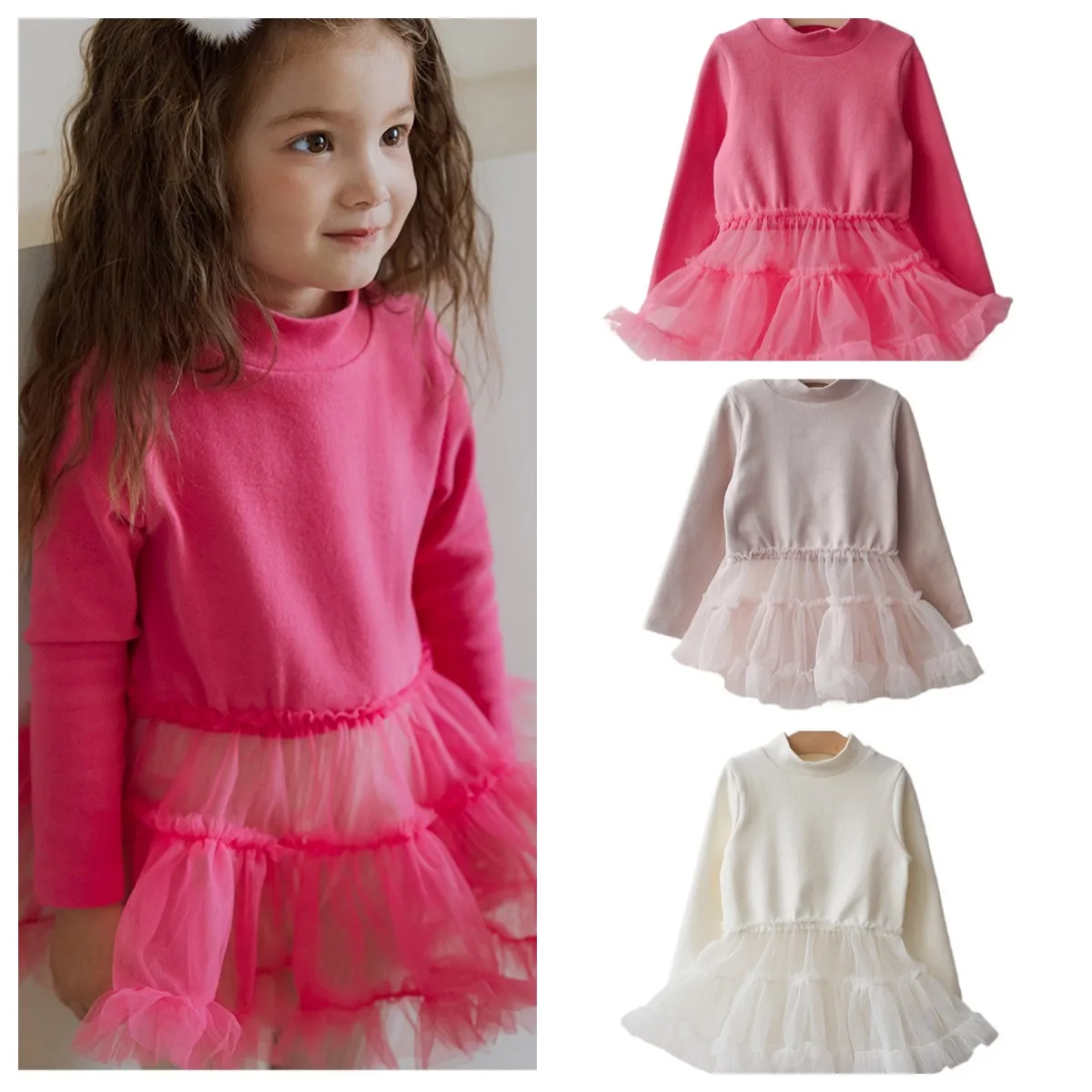 

Kids Dresses for Girls 2024 Winter Toddler Baby Girls Turtleneck Bottom Splicing Fluffy Mesh Long Sleeve Dress