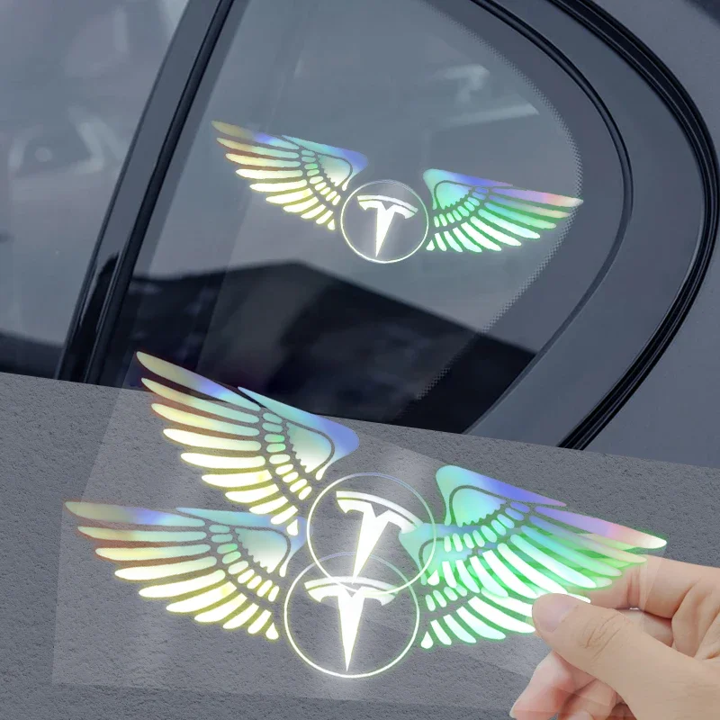 Car Logo Laser Angel Wing Reflective Car Door Decoration Decals For Tesla Model 3 Black Car Label Model Y Logo Auto Decoration