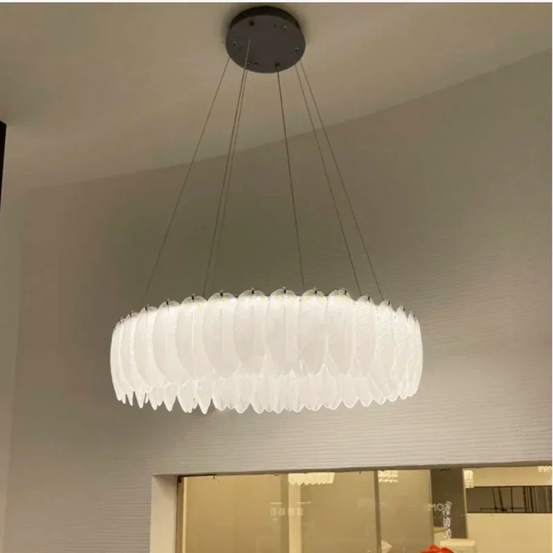 Nordic Luxury  Feather Led Chandelier for Living Dining Room Bedroom White Glass Pendant Lights Home Decoration Hanging Light