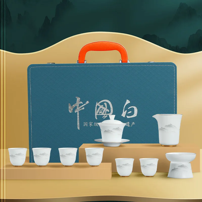 Ice Type Sheep Fat Jade Gold-Plated White Porcelain Kung Fu Tea Set for Company Opening and Store Events