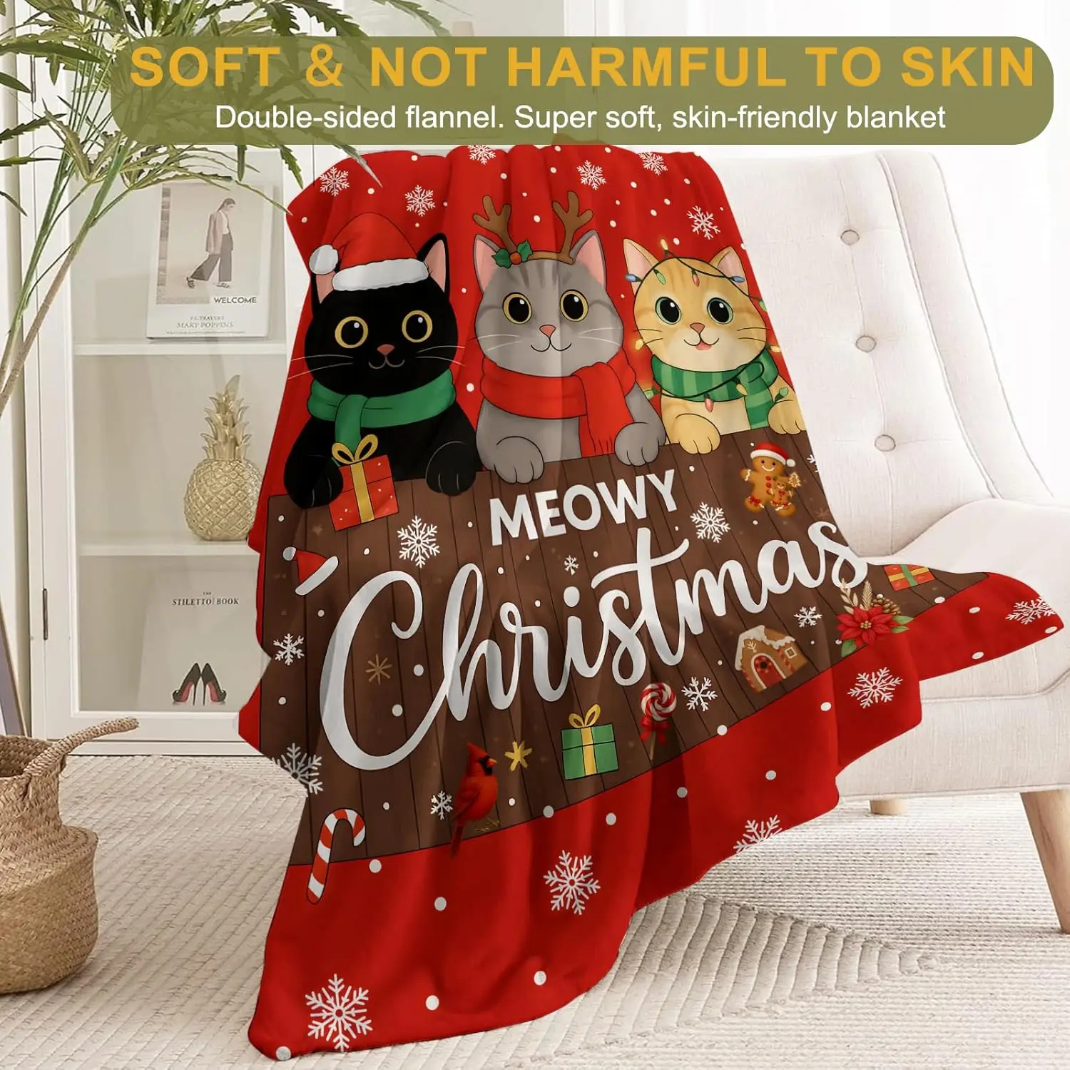 Cat Christmas Decorative Blanket, Kitten with Hat Antler Scarf Print Throw Decoration,Soft Flannel Winter Blankets for Couch Bed
