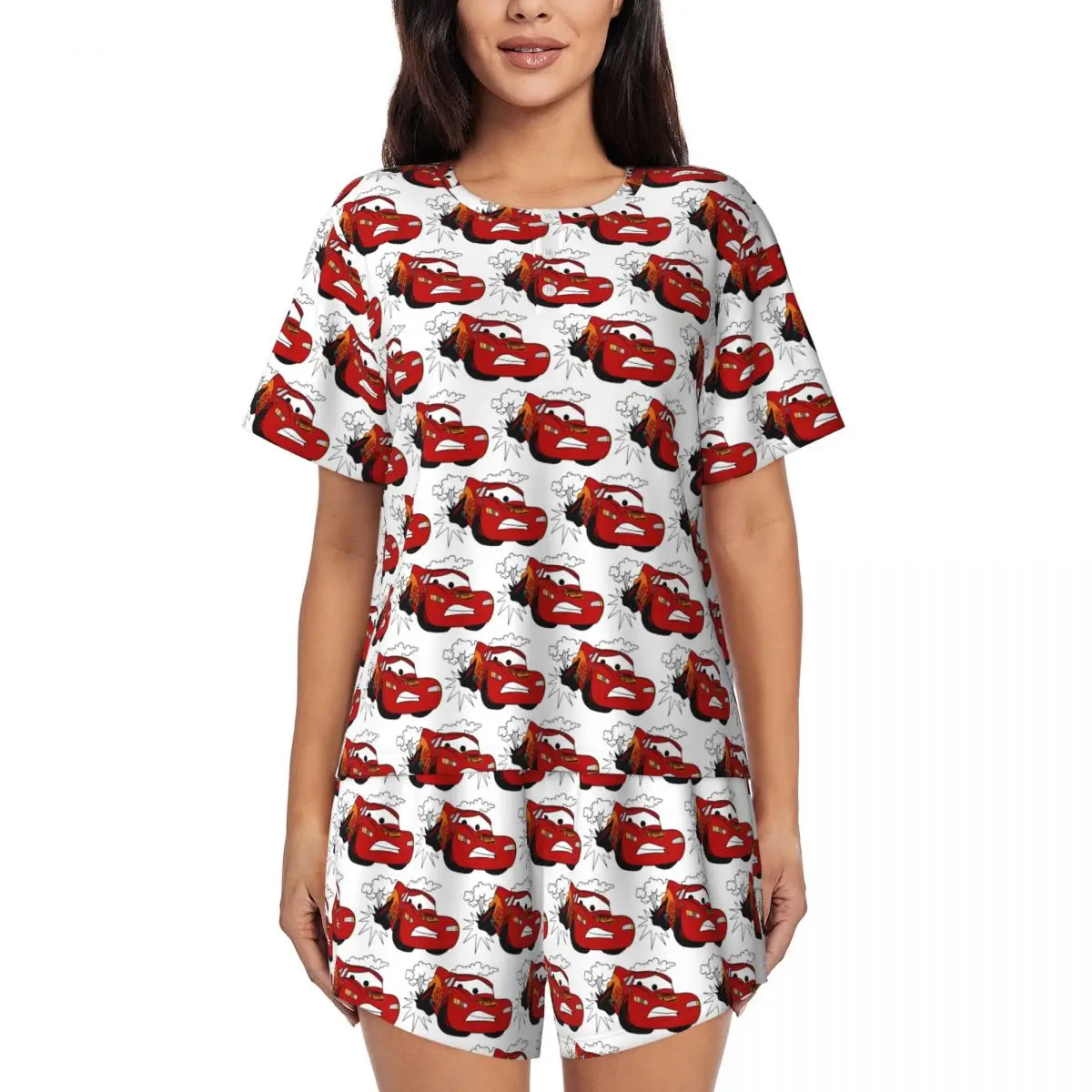 Custom Lightning Mcqueen Cartoon Cars Pajama Sets Womens 2 Piece Short Sleeve Pjs Shorts Sleepwear