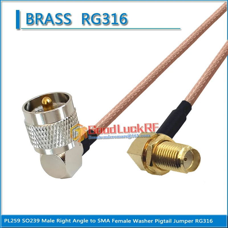 

PL259 SO239 PL-259 SO-239 UHF Male Right Angle to SMA Female Washer Nut 90 Degree Coaxial Pigtail Jumper RG316 extend Cable