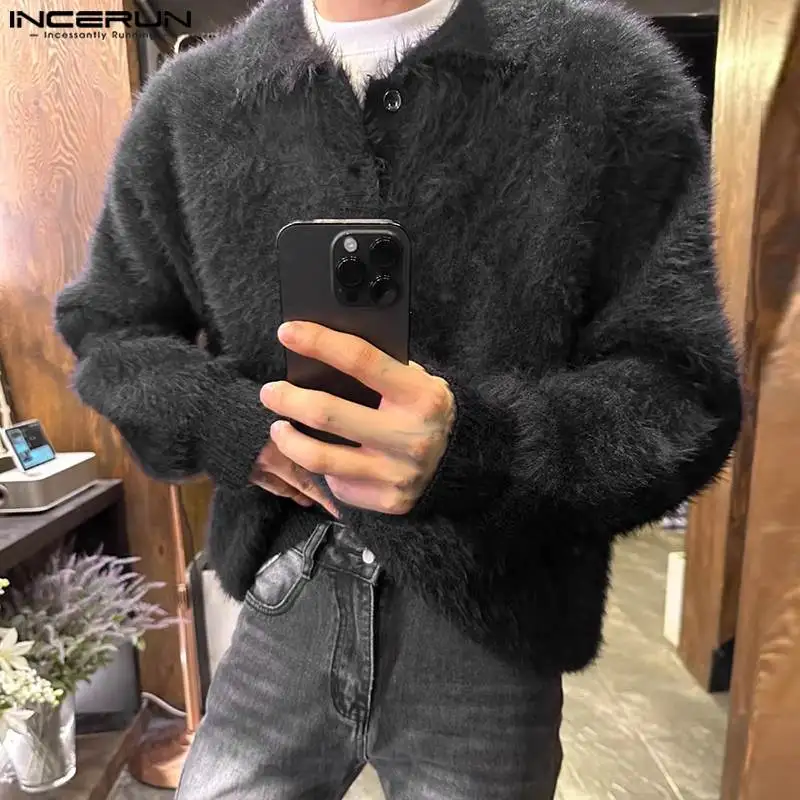 INCERUN Men\'s Sweaters 2023 Knitted Plush Lapel Long Sleeve Casual Pullovers Streetwear Solid Korean Color Fashion Men Clothing