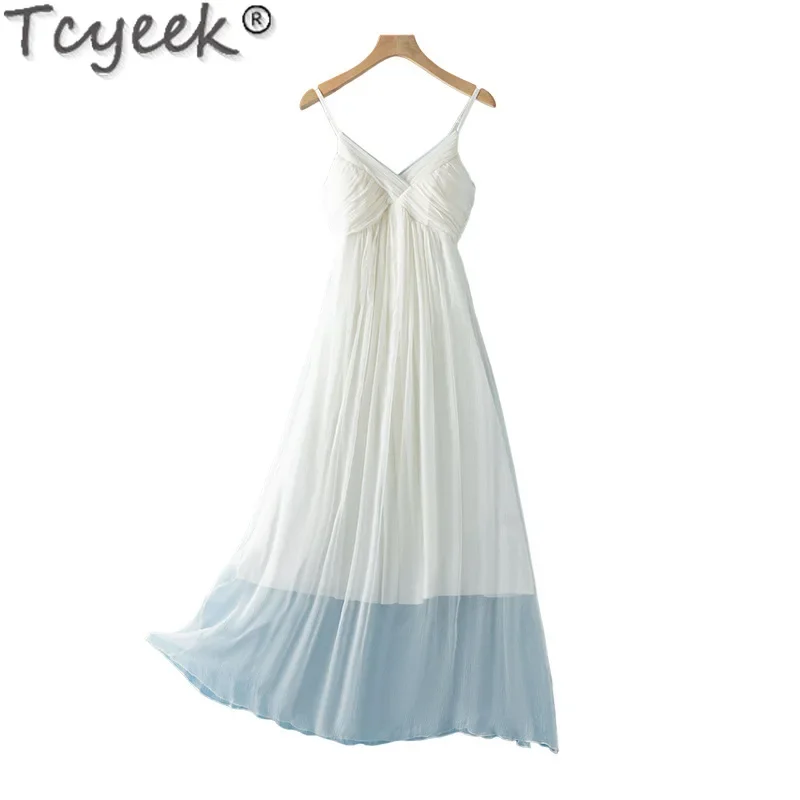 Tcyeek Strandkleid aus 100 % Maulbeere, echte Seide, Sommerkleidung für Damen, 2024, Sling-Boho-Kleid, elegante Damenkleider, Servies Sean =)