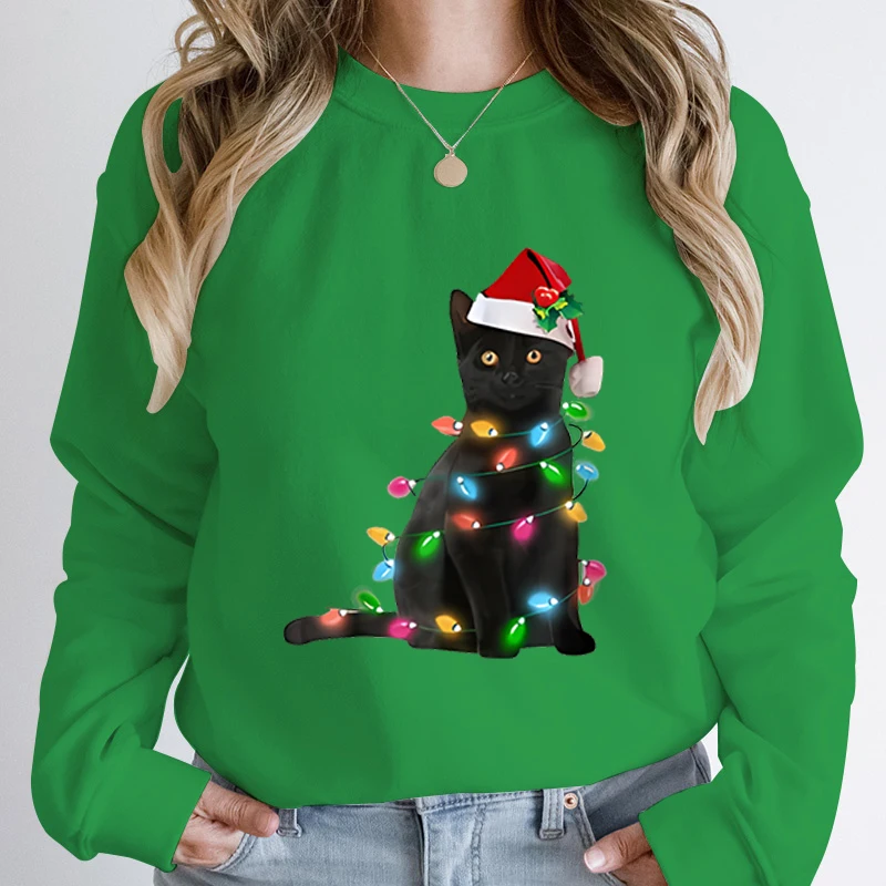 

New Fashion Women Long Sleeve Hoodless Pullover Christmas Black Cat Christmas Light Print Round Neck Sweatshirt Solid Color Tops