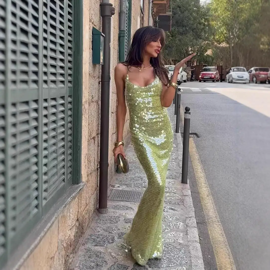 

Sexy Long Sequin Backless Strap Dress Cleanfit Style mid Waist No Sleeve Three Acetate Fiber Basic Model Single Piece