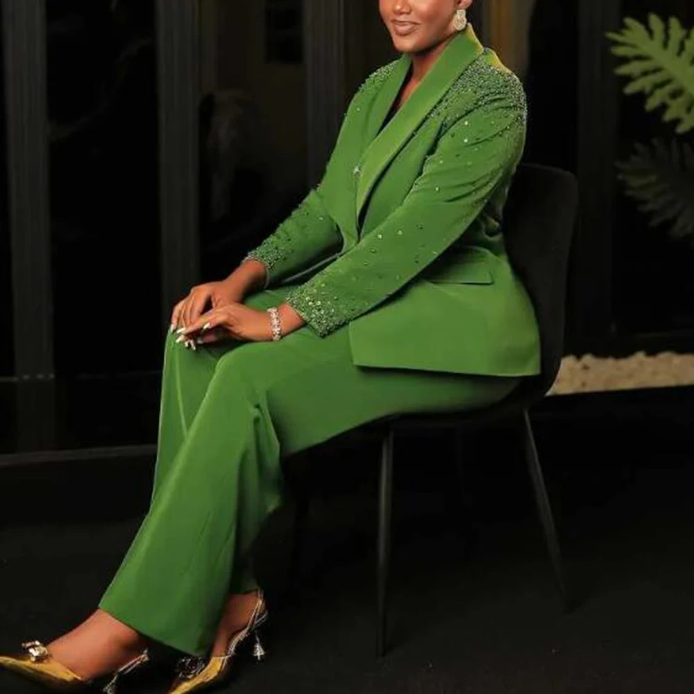 Green Solid Mother Of Bride Dresses Customized 2 Pieces Single Breasted Prom Blazers Tuxedos Women Pants Suits Ladies Clothing